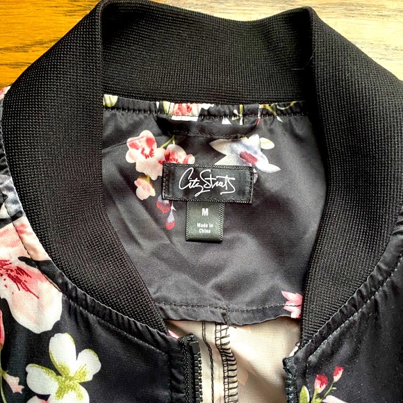 Black Athleisure Track Jacket with Pink Flowers - Picture 3 of 5